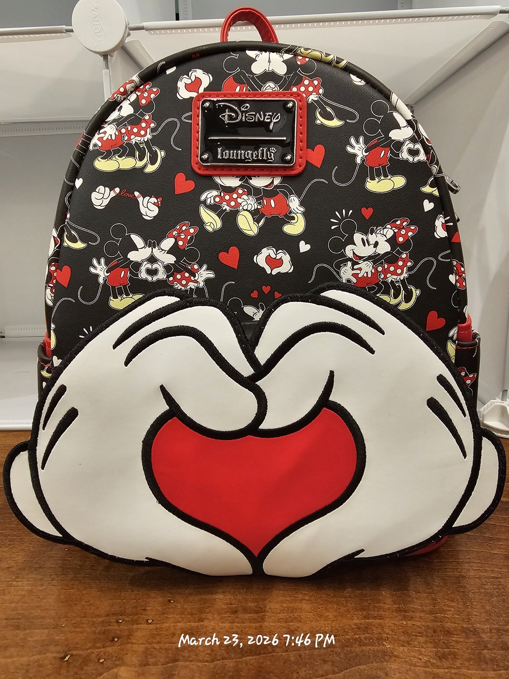 Disney Loungefly Minnie Mouse Heart Hand Backpack - Black Red White